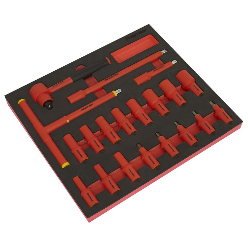 Premier Insulated Socket Set with Tool Tray 3/8"Sq Drive 20pc - VDE Approved Sealey Premier - Dynamic Drive