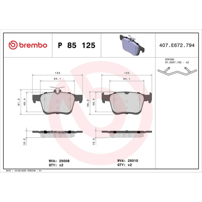 Brembo 4 x Rear Brake Pad Set fits Audi A3 2012-2020 1.0 1.2 1.4 1.5 1.6 1.8