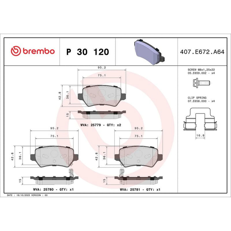 Brembo 4 x Rear Brake Pad Set fits Kia Cee'D 2012-2018 1.0 1.4 1.6