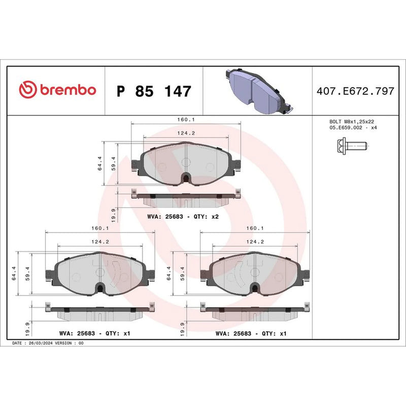 Brembo 4 x Front Brake Pad Set fits Audi A1 2018 on