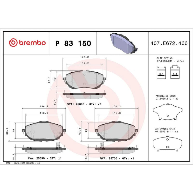 Brembo 4 x Front Brake Pad Set fits Toyota Auris 2012-2018 1.2 1.3 1.4 1.6 1.8