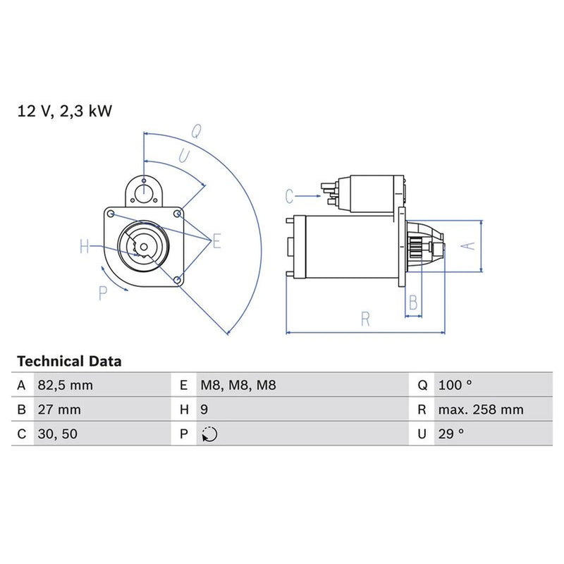 Bosch Starter Motor 12V 2.3kW 9 Teeth