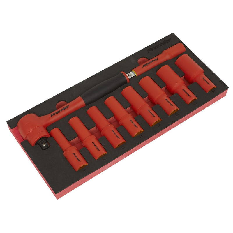 Premier Insulated Socket Set with Tool Tray 1/2"Sq Drive 10pc - VDE Approved Sealey Premier - Dynamic Drive