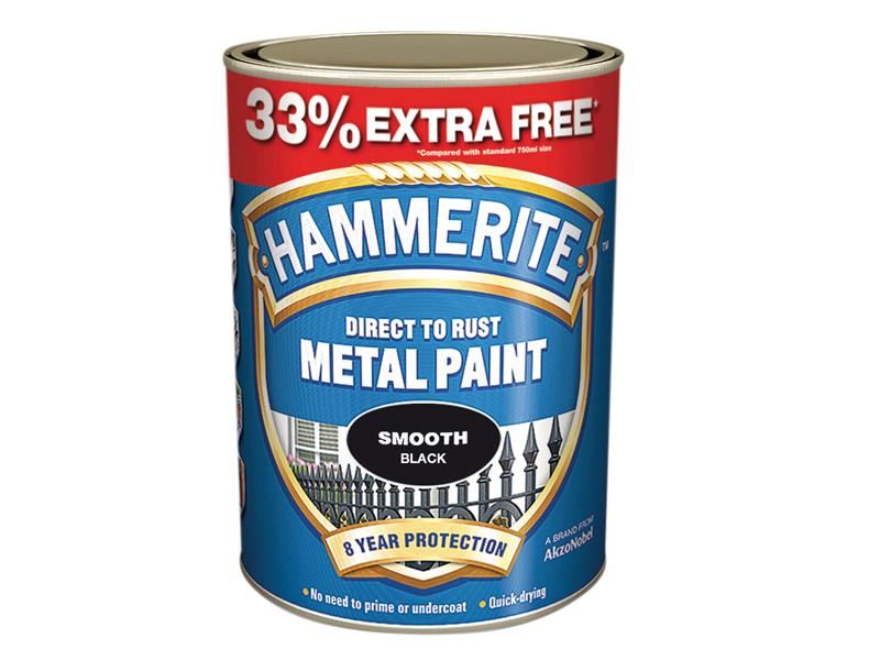 Hammerite Direct to Rust Smooth Finish Metal Paint Black 750ml + 33% Hammerite - NN4 Online