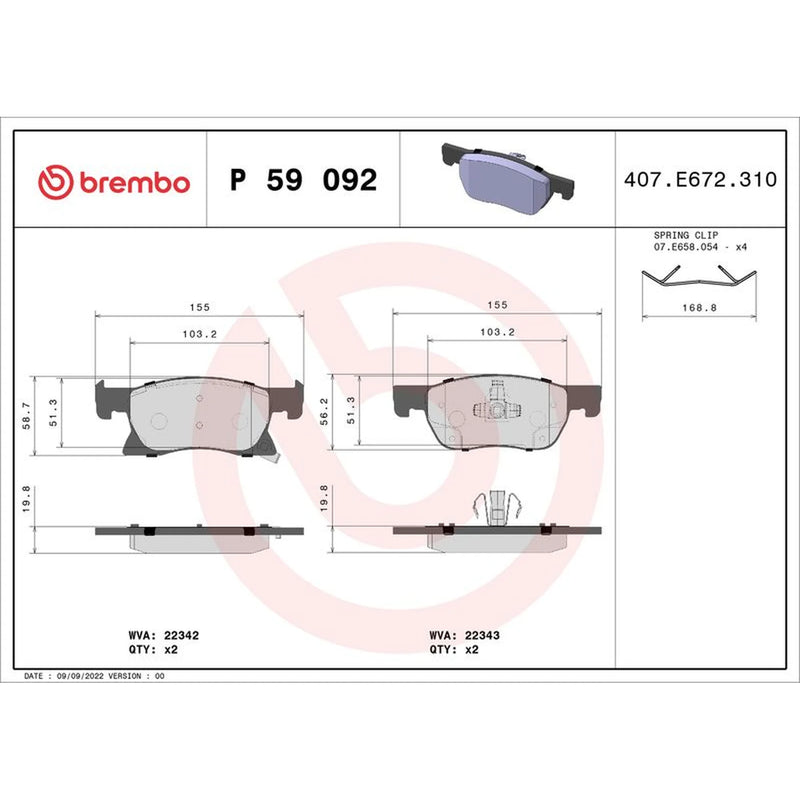 Brembo 4 x Front Brake Pad Set fits Opel Astra K 2015-2021 1.0 1.2 1.4 1.5 1.6