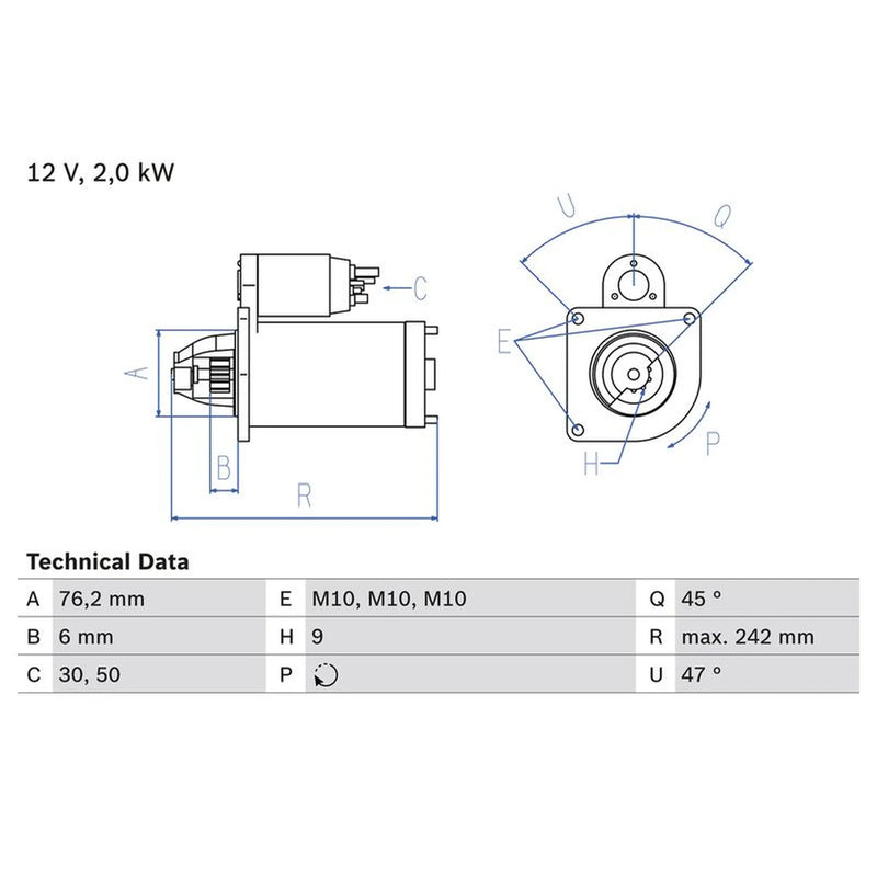 Bosch Starter Motor 12V 2kW 9 Teeth