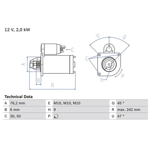 Bosch Starter Motor 12V 2kW 9 Teeth