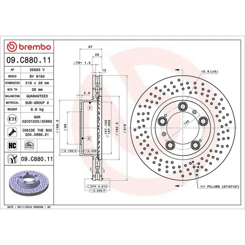 Brembo 2 x Perforated/Vented Front Brake Discs 09.C880.11-x2