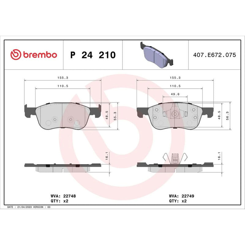 Brembo 4 x Front Brake Pad Set fits Ford Fiesta VII 2017-2021 1.0 1.1 1.5