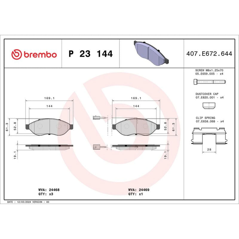 Brembo 4 x Front Brake Pad Set fits Citroën Relay III 2006-2023 2.0 2.2 3.0