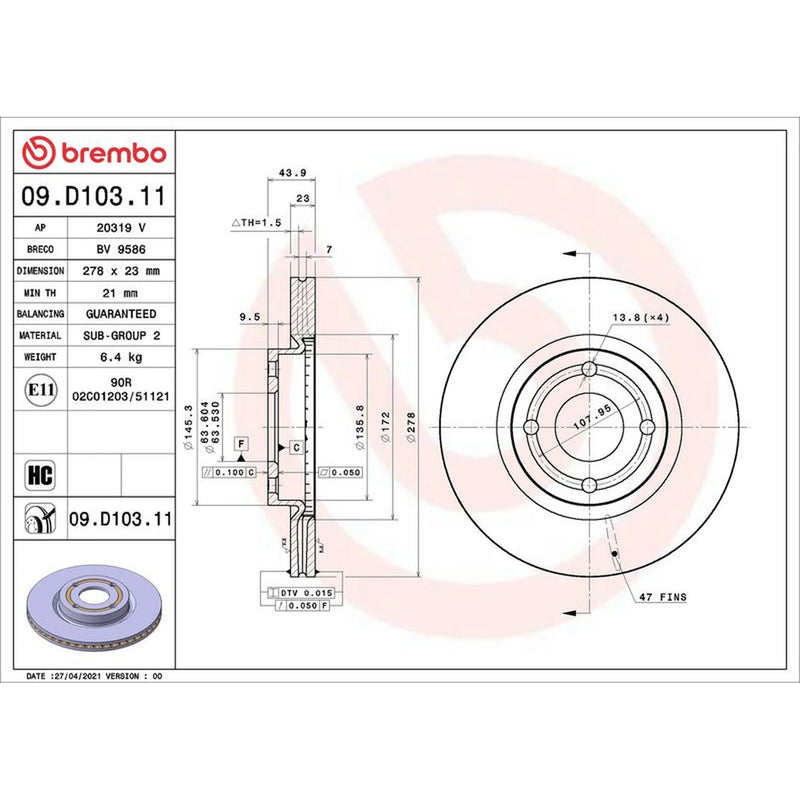 Brembo 2 x Internally Vented Brake Discs fits Ford Fiesta VII 2018-2019 1.0 1.5
