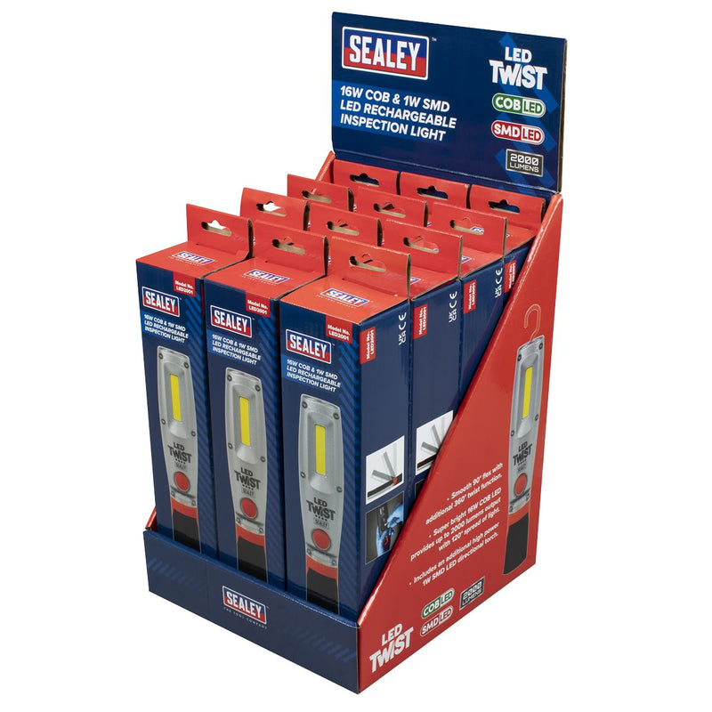LED Twist Rechargeable Inspection Light 16W COB & 1W SMD - Display Box of 12 Sealey - Dynamic Drive