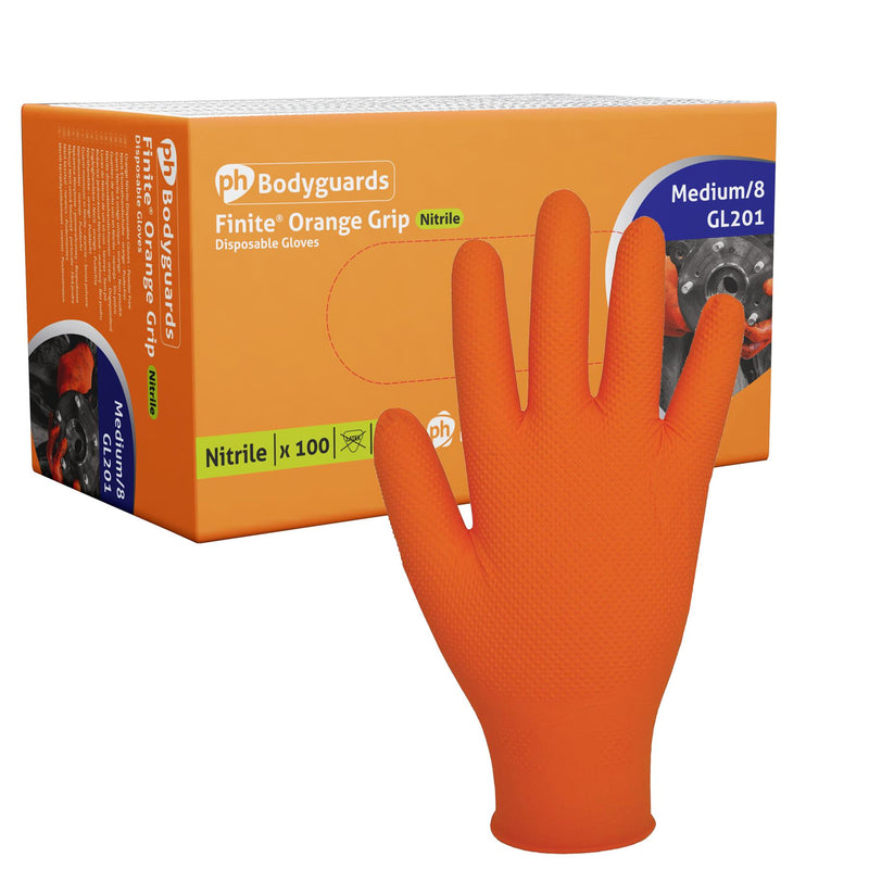 Bodyguard Finite Orange Grip Textured Grip Pattern Nitrile Gloves Large Box 90 Bodyguard - Dynamic Drive