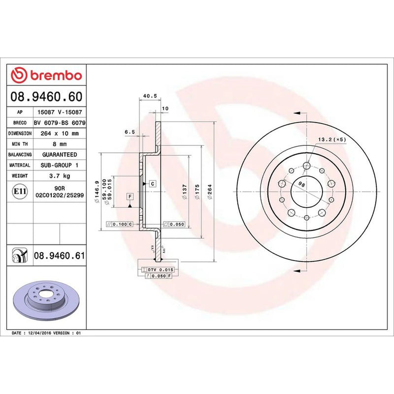 Brembo 2 x Solid Rear Brake Discs 08.9460.61-x2
