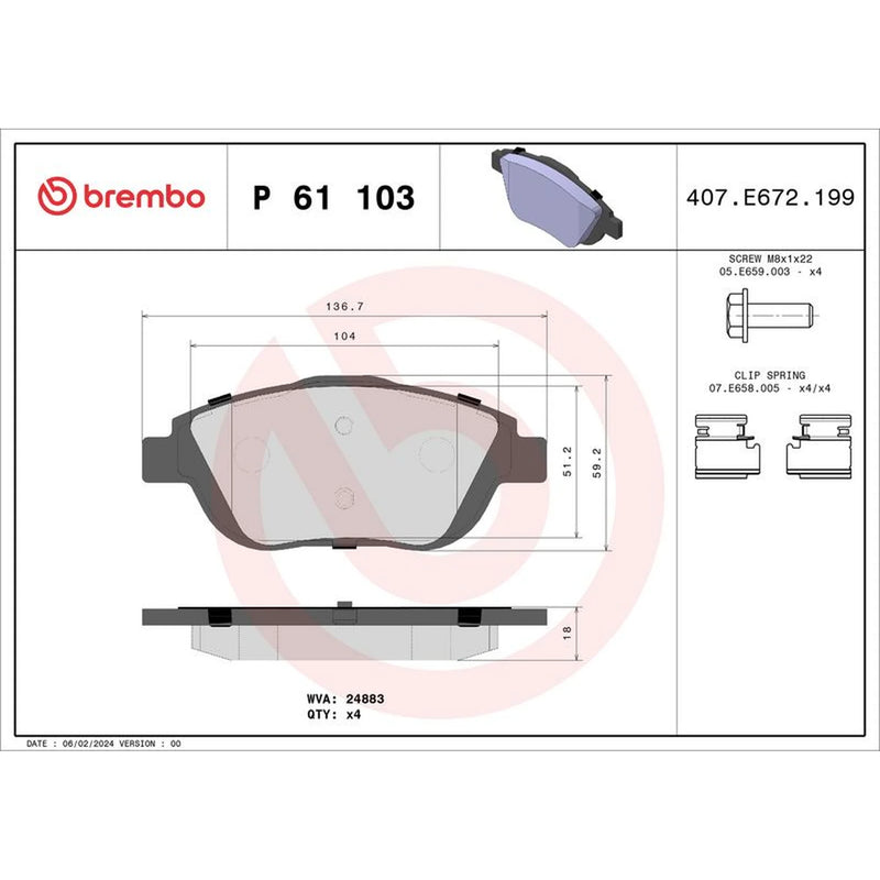 Brembo 4 x Front Brake Pad Set fits Citroën C3 Aircross I 2017-2018 1.2 1.5 1.6