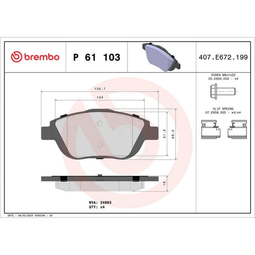Brembo 4 x Front Brake Pad Set fits Citroën C3 Aircross I 2017-2018 1.2 1.5 1.6