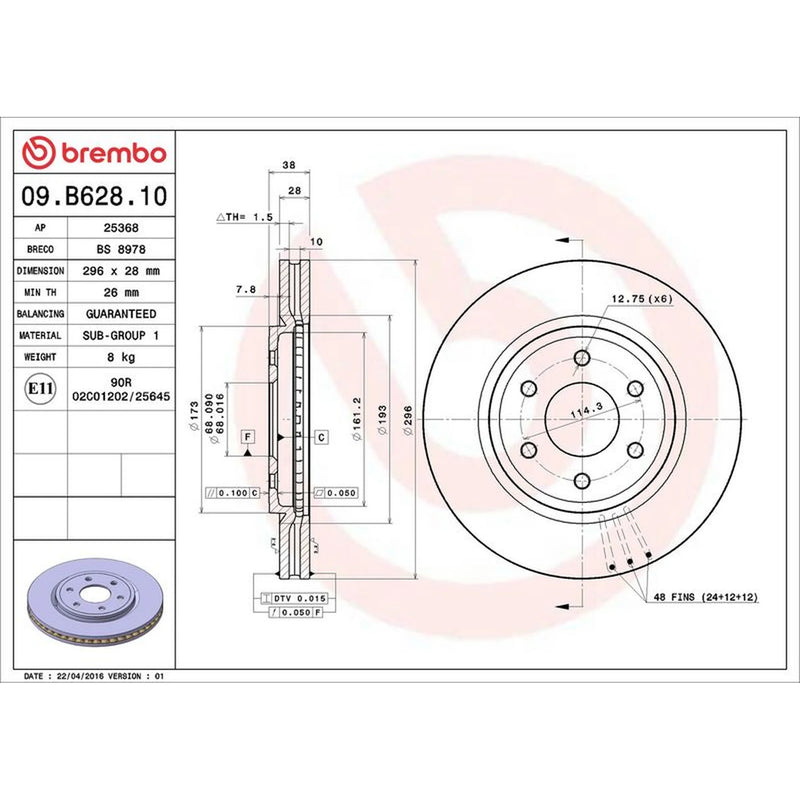 Brembo 2 x Internally Vented Front Brake Discs 09.B628.10-x2