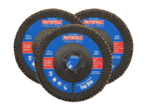 Faithfull Aluminium Oxide Flap Disc 125 x 22mm 40 Grit (3 Pack) Faithfull - NN4 Online
