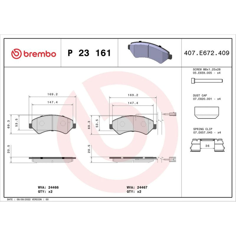 Brembo 4 x Front Brake Pad Set fits Citroën Relay III 2021-2023