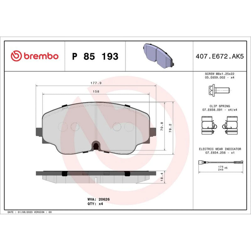 Brembo 4 x Front Brake Pad Set fits Audi A3 2020 on