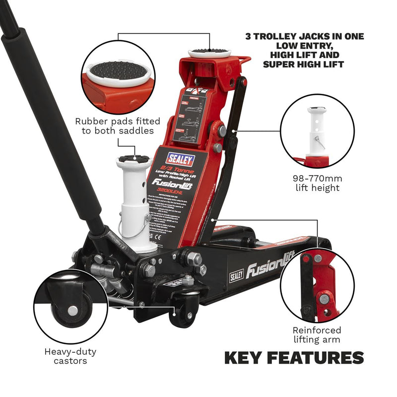 Sealey Low Profile High Lift Trolley Jack with Rocket Lift 2/3 Tonne 3200LEHL Sealey - Dynamic Drive