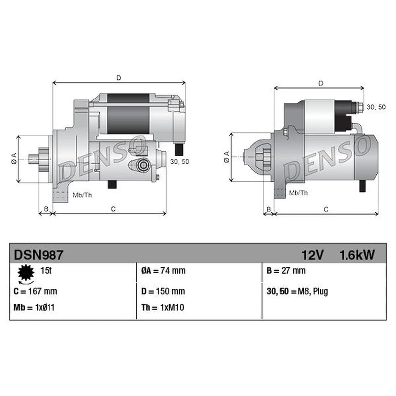 Denso Starter Motor 12V 1.6kW 15 Teeth fits Toyota Verso S 2010-2016 1.33