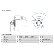Bosch Starter Motor 24V 6.7kW 11 Teeth fits Scania 4 - Series 1996-2008