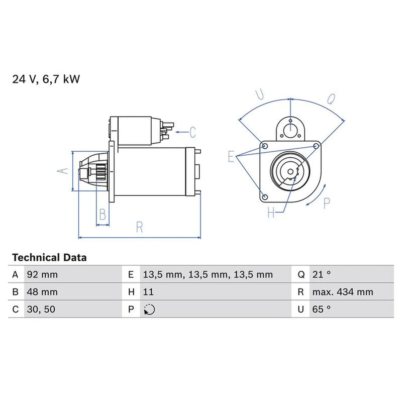 Bosch Starter Motor 24V 6.7kW 11 Teeth fits Scania 4 - Series 1996-2008
