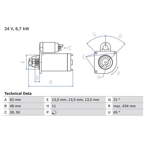 Bosch Starter Motor 24V 6.7kW 11 Teeth fits Scania 4 - Series 1996-2008