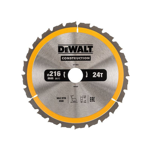 Dewalt Power Tools Stationary Construction Circular Saw Blade 216 x 30mm x 24T ATB/Neg DeWALT Power Tools - Dynamic Drive