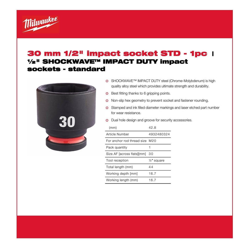 Milwaukee Hex Socket Shw 1/2 Std 30mm-1Pc 4932480324 Milwaukee - Dynamic Drive