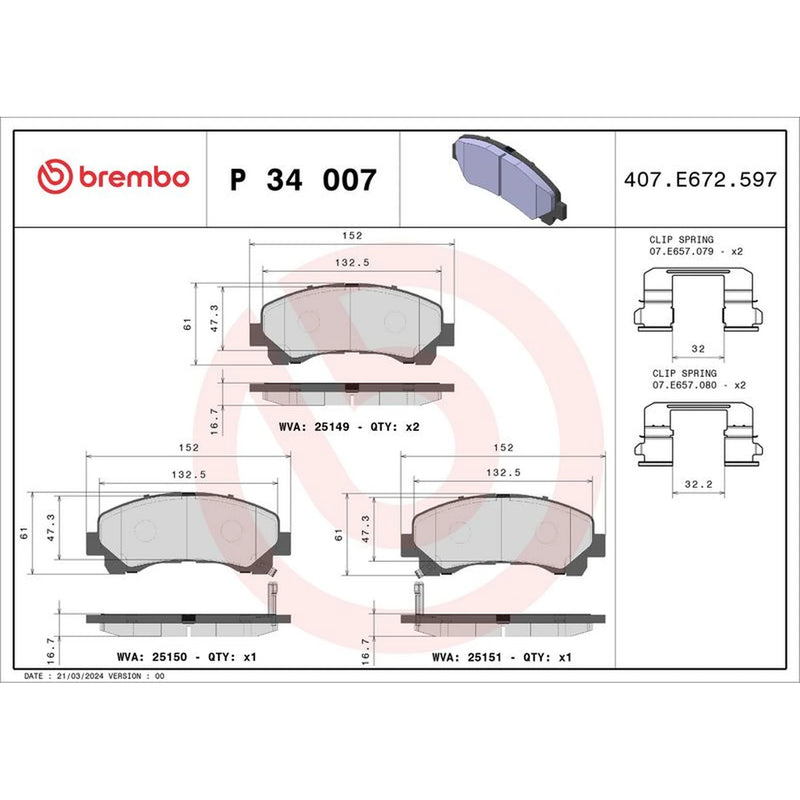 Brembo 4 x Front Brake Pad Set fits Isuzu D-Max I Platform/Chassis 2007-2012 3.0