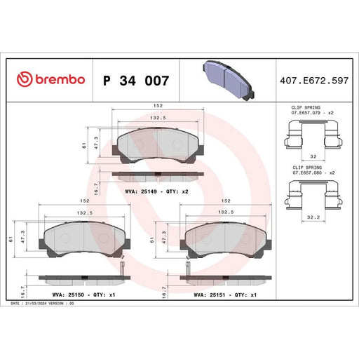 Brembo 4 x Front Brake Pad Set fits Isuzu D-Max I Platform/Chassis 2007-2012 3.0