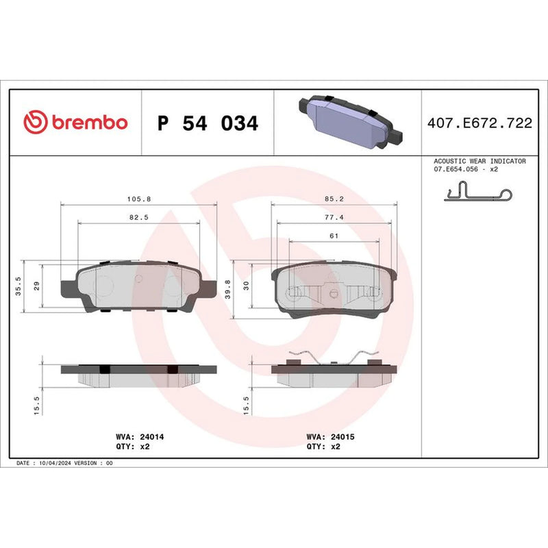 Brembo 4 x Rear Brake Pad Set fits Chrysler Sebring 2007-2010 2.0 2.4