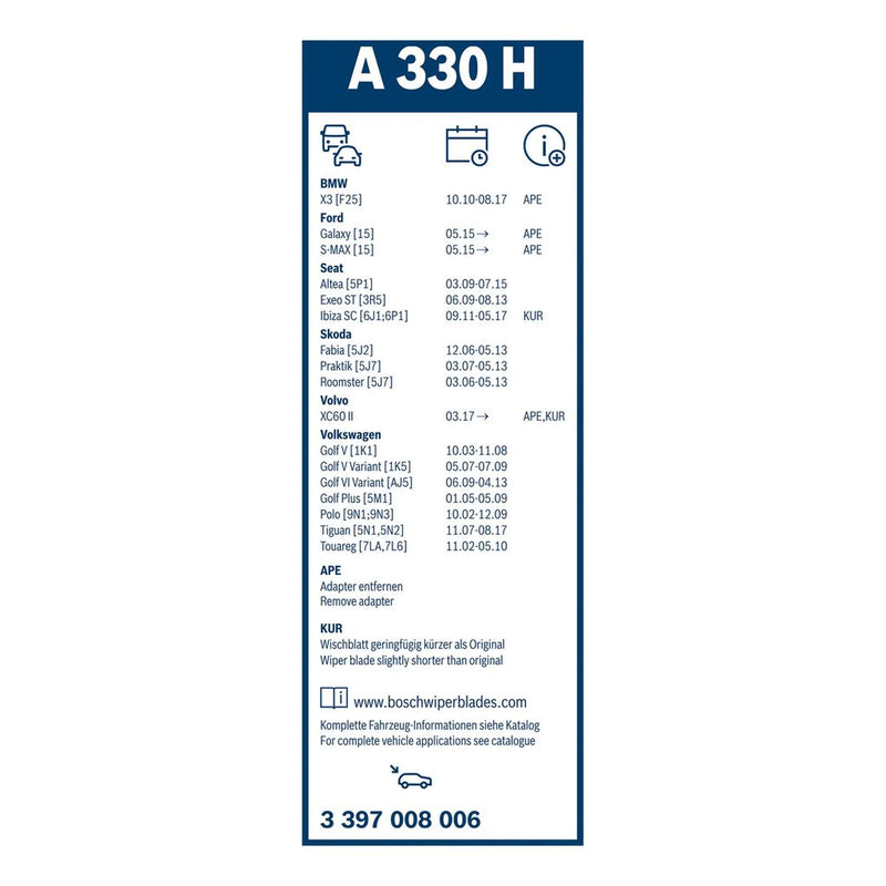 Bosch Aerotwin Wiper Blade 330mm — A330H fits Alpina XD3 2013-2018