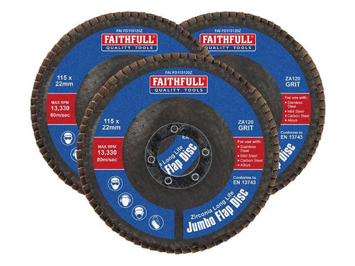 Faithfull Zirconia Abrasive Jumbo Flap Disc 115 x 22mm 120 Grit (3 Pack) Faithfull - NN4 Online