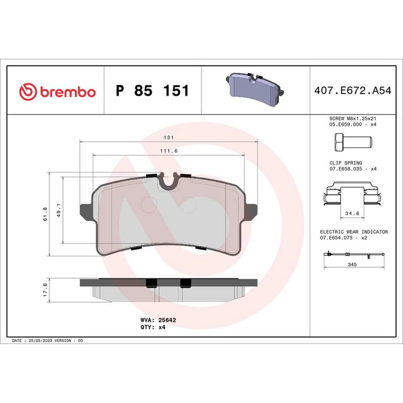 Brembo 4 x Rear Brake Pad Set fits Audi A4 B9 2016 on