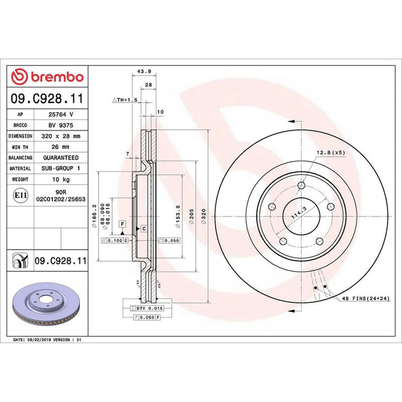 Brembo 2 x Internally Vented Front Brake Discs 09.C928.11-x2