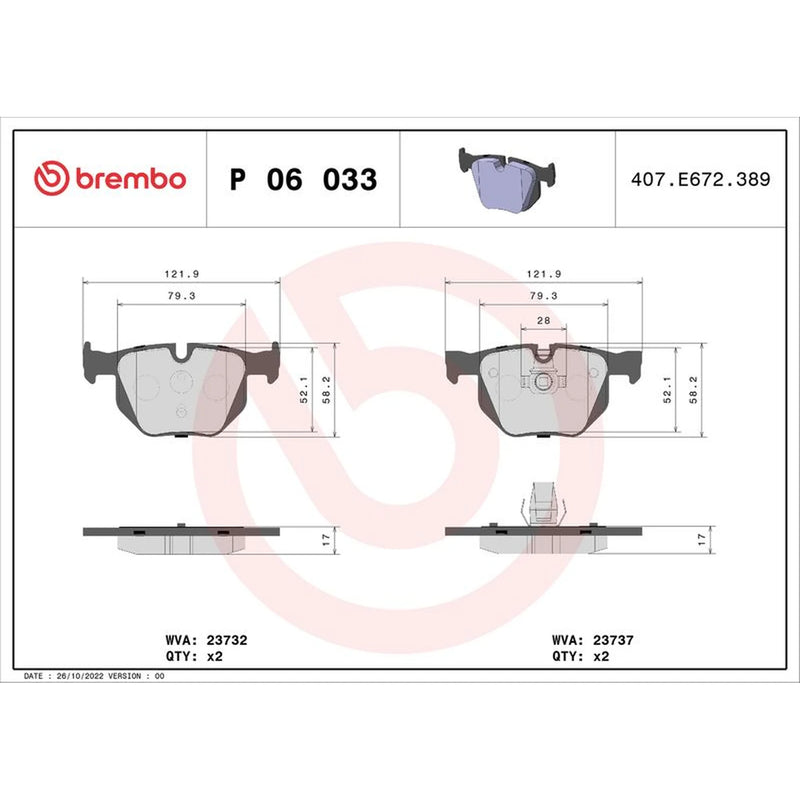 Brembo 4 x Rear Brake Pad Set fits BMW 5 2001-2010