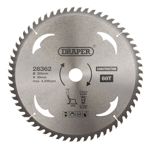 Draper TCT Construction Circular Saw Blade, 305 x 30mm, 60T 28362 Draper - Dynamic Drive