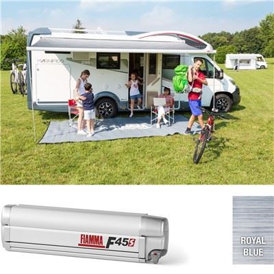 Fiamma F45S 425cm Awning Polar White Case Royal Blue Fabric Motorhome Caravan Fiamma  - Dynamic Drive