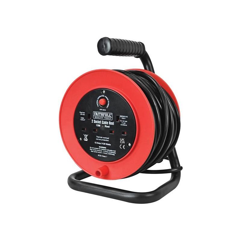Faithfull Power Plus Open Drum Cable Reel 240V 13A 2-Socket 15m Faithfull Power Plus - Dynamic Drive