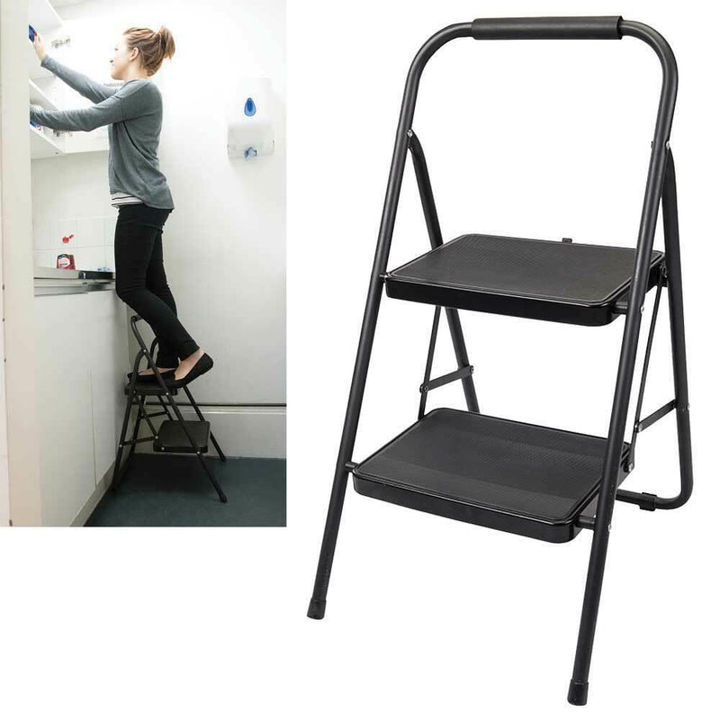 Foldable 2 Step Ladder Non Slip Tread Safety Steel Small Stool Ladders Kitchen Silverline  - Dynamic Drive