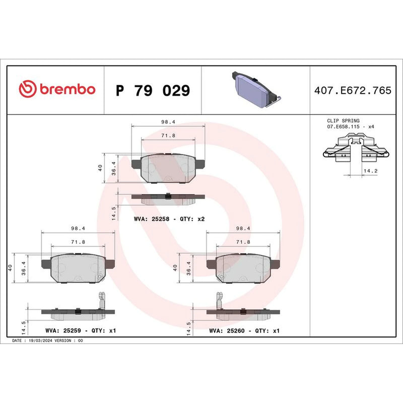 Brembo 4 x Rear Brake Pad Set fits Suzuki Baleno 2016 on 1.0 1.2