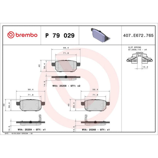 Brembo 4 x Rear Brake Pad Set fits Suzuki Baleno 2016 on 1.0 1.2