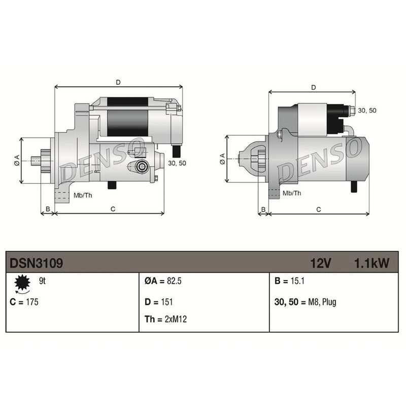 Denso Starter Motor 12V 1.1kW 9 Teeth fits Audi 100 C3 1983-1990 1.8