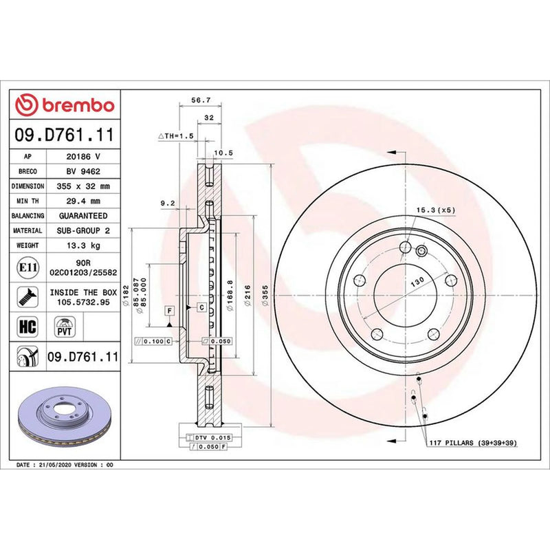 Brembo 2 x Internally Vented Front Brake Discs 09.D761.11-x2