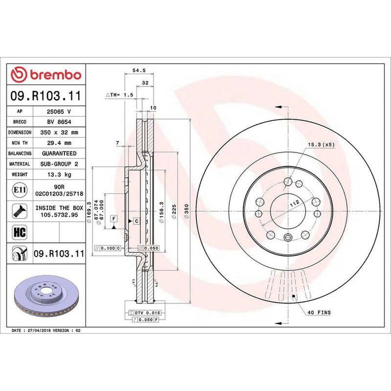 Brembo 2 x Internally Vented Front Brake Discs 09.R103.11-x2