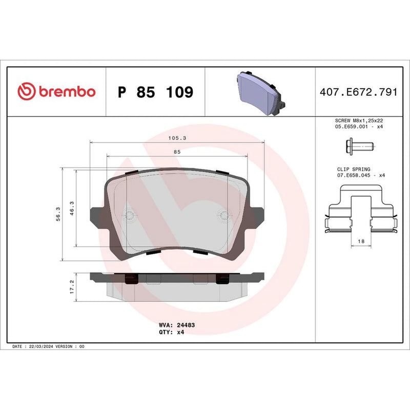 Brembo 4 x Rear Brake Pad Set fits Audi Q3 2011-2018 1.4 2.0 2.5