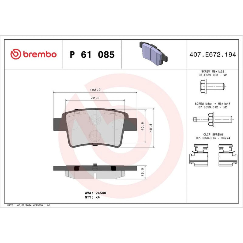 Brembo Rear Brake Pad Set fits Citroën C4 Grand Picasso I 2006-2013 1.6 1.8 2.0